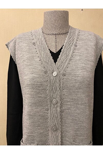 TEK Gray Stylish Patterned Beaded Mother Vest - Pearl Detailed