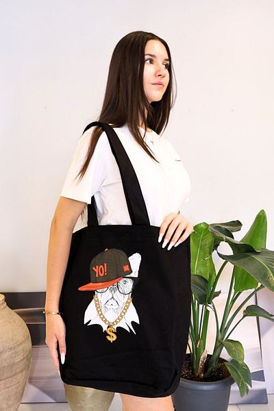 ICONE BAG Geantă din pânză imprimată câine negru cu volum mare - pânză de mână și de umăr