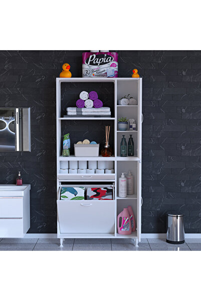 Modilayn Mutfak Dolabı Sepetli Kirli Camasır Dolabı Banyo Dolabı 5 Raflı Cok Amaclı Dolap