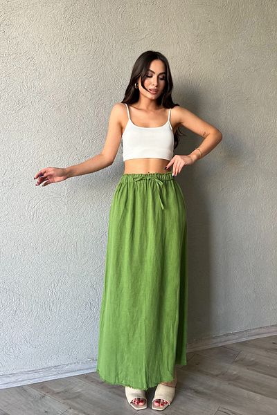 Seda Yalçın Atelier Long Linen Skirt - Green with Tie Waist Detail