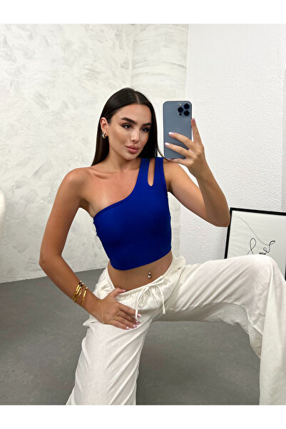 modavingo Women's Sax Blue One-Shoulder Ottoman Crop Bodysuit