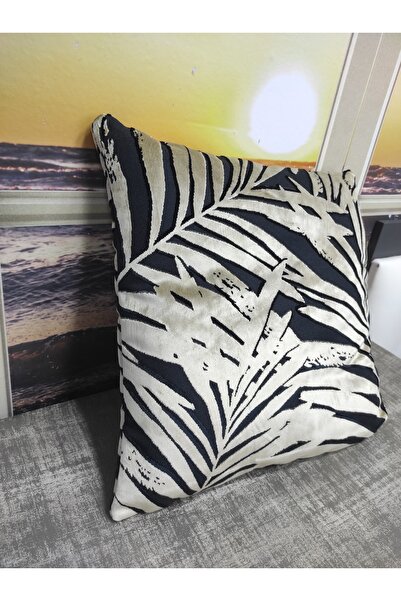 Evcimenhome New Product Velvet Cushion Cover 43Cmx43Cm Palm Ecru Color: Black over Beige