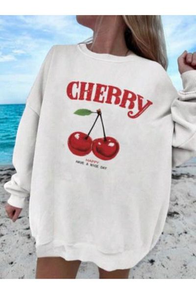 NO 601 WhiteCherryPrinted Women'sSweatshirt- 3 Thread, Hoodless, Crew Neck