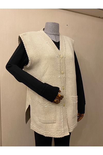 TEK Vestă pentru mamă cu model elegant și margele - Detaliu perlat, crem