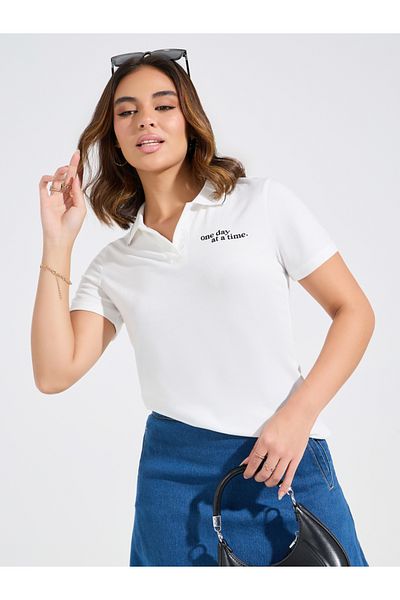 Styli Regular Fit Slogan Print Polo T-Shirt
