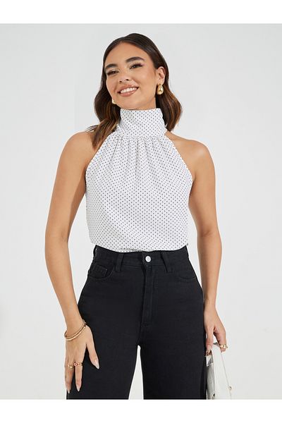 Styli Polka Print Halter Neck Top with Bow Tie Detail