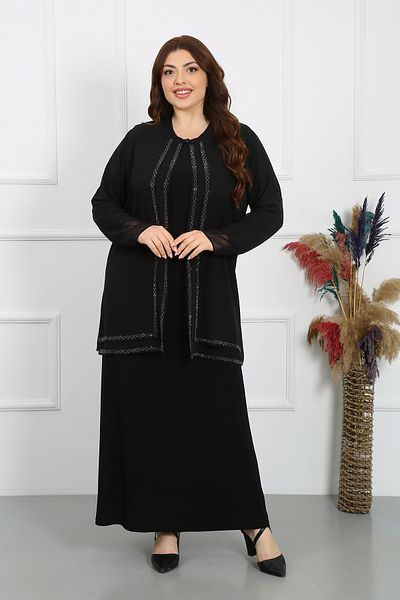 YASEŞA BUTİK Plus Size Chiffon Crepe Evening Dress - Bead Detail, Long Sleeve, Jacket