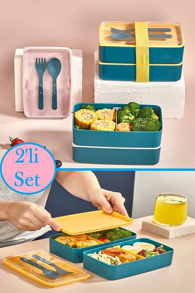 Bayev Green 2-Tier Lunch Box - 1003 Compartment Lunch Box with Fork and Spoon