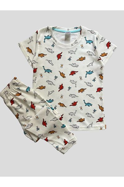 Fil Kids Set de pijamale de vară cu mânecă scurtă cu imprimeu alb de dinozaur pentru băiat