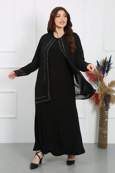 YASEŞA BUTİK Plus Size Chiffon Crepe Evening Dress - Bead Detail, Long Sleeve, Jacket