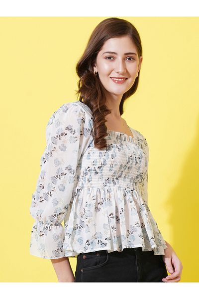 U&F By Styli Floral Print Smocked Georgette Peplum Top