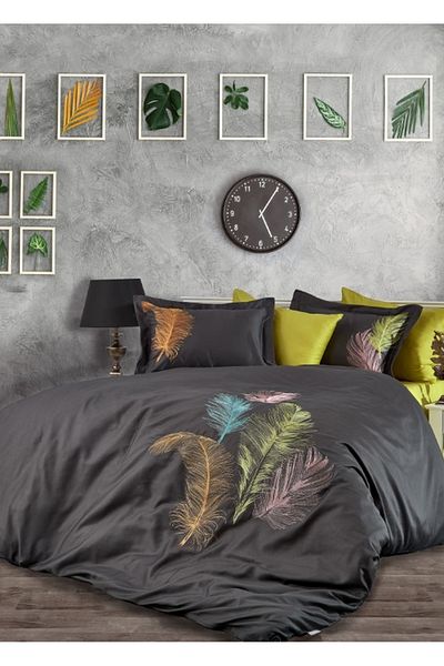 Dantela Double Trace Cotton Satin Duvet Cover Set - Anthracite/Green