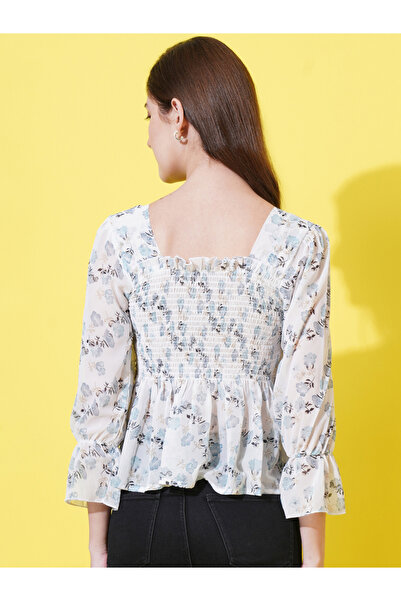 U&F By Styli Floral Print Smocked Georgette Peplum Top