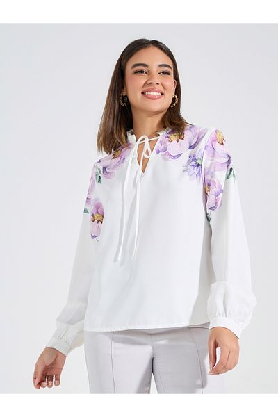 Styli Floral Placement Print Tie-Up Neck Blouse