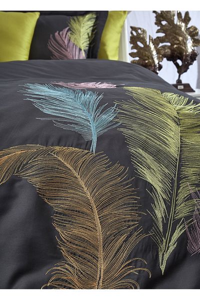Dantela Double Trace Cotton Satin Duvet Cover Set - Anthracite/Green