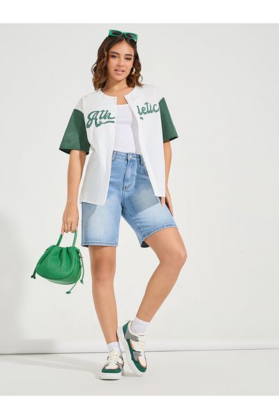 Styli Contrast Sleeve Varsity Print Collarless Shirt