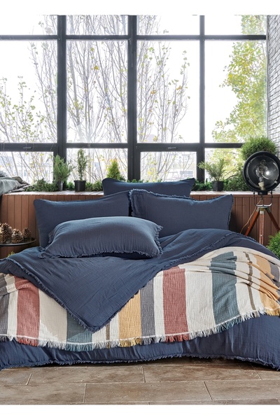 Dantela Shine&gloria Müslin Nevresim&yatak Örtüsü Takımı - Indigo