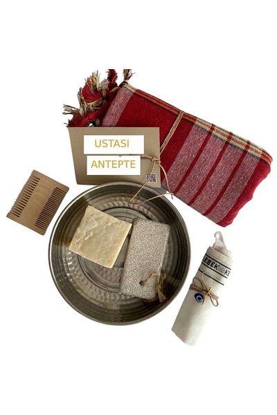 Yalı çapkını 6-Piece Bathroom Accessory Set Peshtemal-copper Bath Tassel-silk Pouch-pimice Stone-Bumbrella Comb-greasy Soap