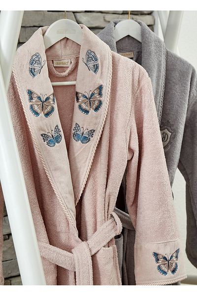 Dantela Cotton Family Bathrobe Set - Butterfly 6 Pieces, Powder/Grey
