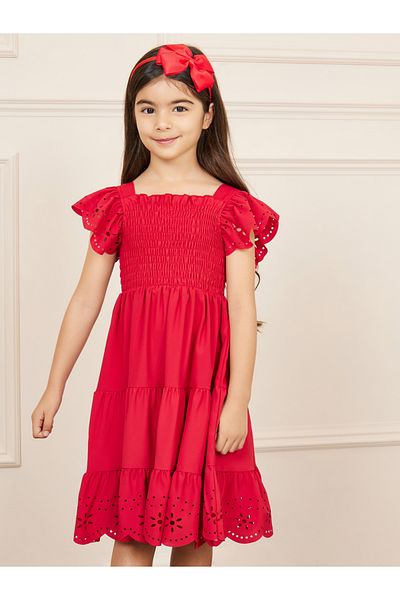 Styli Laser Cut Out and Smocked Detail Tiered Dress