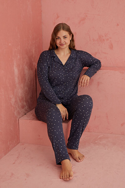 ELİTOL Bamboo Patterned Navy Blue Long Sleeve Pajama Set - Front Buttoned