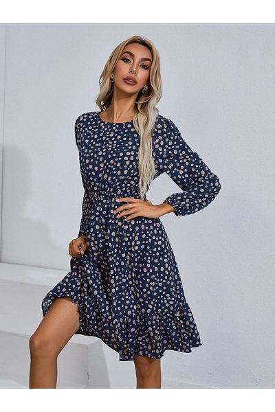Kotty By Styli Spot Print Long Sleeves A-Line Knee Length Dress