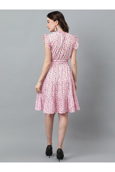 Kotty By Styli Floral Print Knee Length Dress with Ruffle Detail