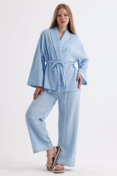 MD trend Linen Suit - Spanish Sleeve, Belted Jacket and Lace-up Palazzo Trousers