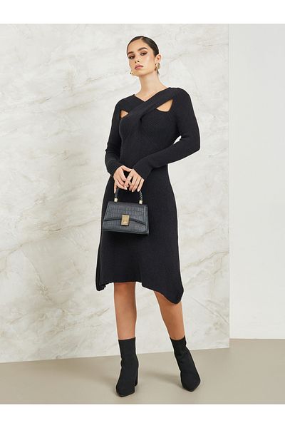 Styli Cross-Over V Neck Knitted Sweater Dress