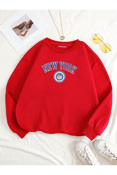 BENROMA Унисекс суитшърт с овална яка и щампа New York