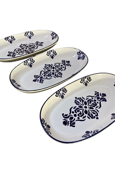 MTD SERAMİK 27 Cm Nettle Blue Patterned Boat Plate - 3 Pieces