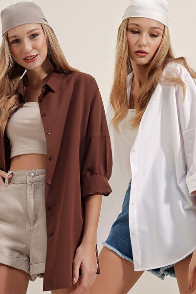 Bigdart قميص أساسي طويل كبير الحجم 3900، عبوة مزدوجة - أبيض وبني