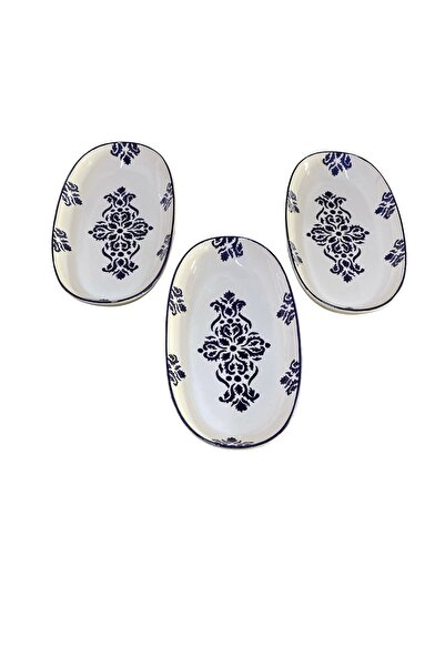MTD SERAMİK 27 Cm Nettle Blue Patterned Boat Plate - 3 Pieces