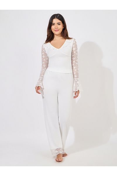 Styli Butterfly Lace Ruffle Neck Top & Pyjama Set