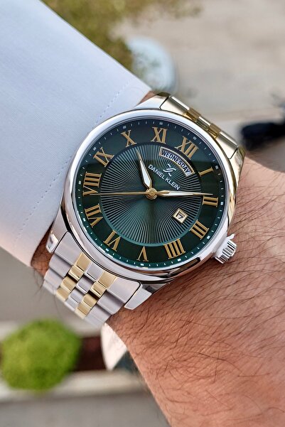 Daniel Klein Kadranı Yeşil Kordonu Sarı Gri Renk Takvimli Ayarlanabilir Kordonlu Erkek Kol Saati