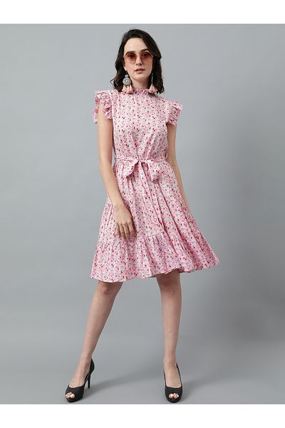 Kotty By Styli Floral Print Knee Length Dress with Ruffle Detail