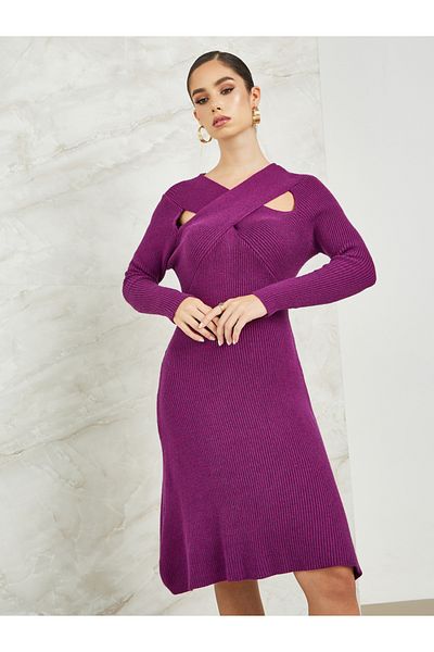 Styli Cross-Over V Neck Knitted Sweater Dress