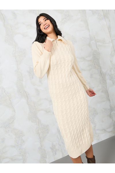 Styli Chunky Knit Zipped Collar Sweater Midi Dress