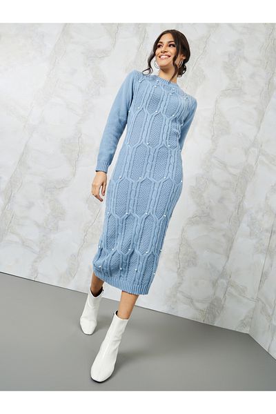 Styli Chunky Cable Knit Embellished Sweater Midi Dress