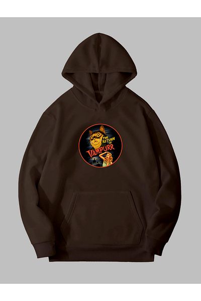 Harmandar Three Thread Vampurr Cat Pattern - Unisex Brown Hooded φούτερ με κουκούλα
