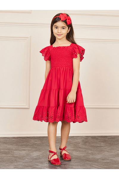 Styli Laser Cut Out and Smocked Detail Tiered Dress