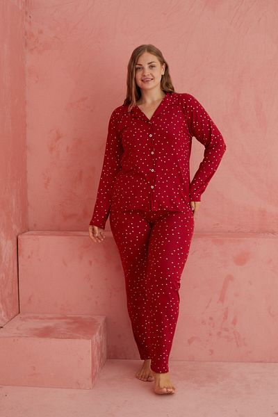ELİTOL Bamboo Long Sleeve Pajama Set - Claret Red Point Patterned, Front Buttoned