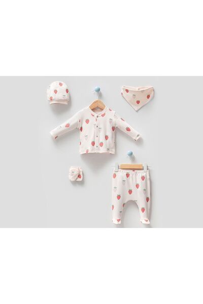 Genel Markalar Kız Bebek Çilek Desenli Natural 5li Hastane Çıkışı Zıbın Seti