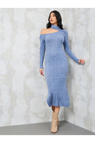 Styli Textured Knit Shoulder Cut-Out Sweater Midi Dress