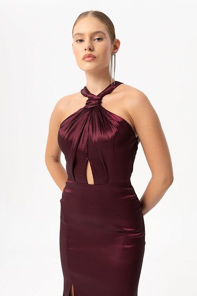 Sarı Etiket Evening Dress with Halter Collar and Detachable Tail Detail