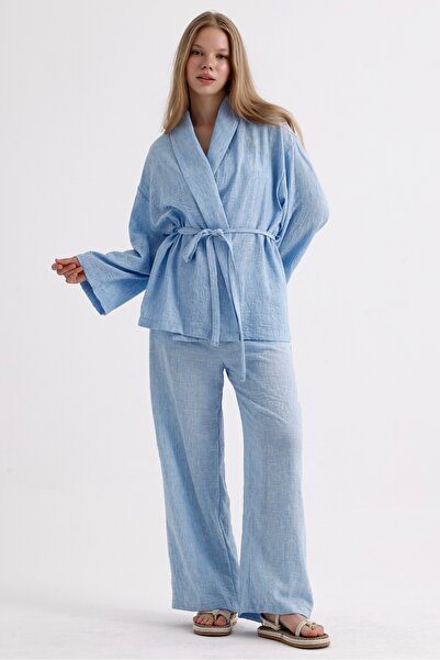 MD trend Linen Suit - Spanish Sleeve, Belted Jacket and Lace-up Palazzo Trousers