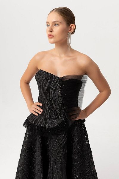 Sarı Etiket Strapless Embroidered Evening Dress