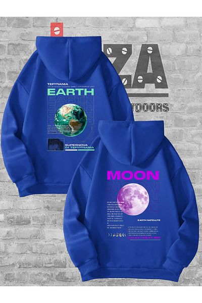 Joza Outdoors Lover Earth and Moon Printed Hooded Sweatshirt 2-Piece Set for Men and Women