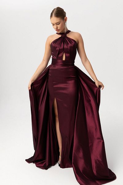Sarı Etiket Evening Dress with Halter Collar and Detachable Tail Detail
