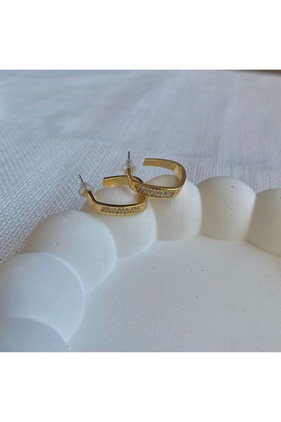 DEMOKAN Tiny Stone Detailed Women's Earrings - Cut Square Hoop